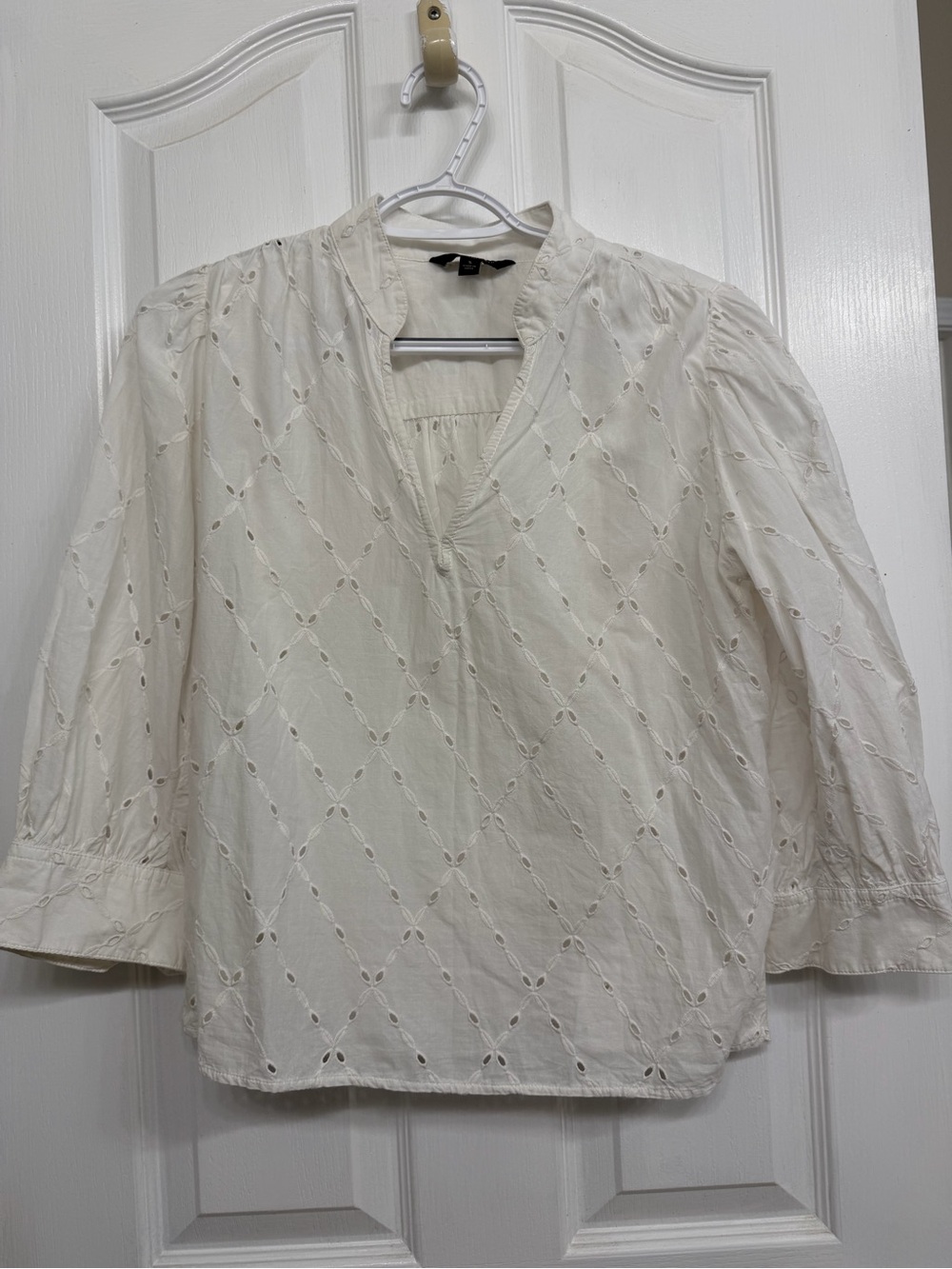 Women’s Off White Eyelet Cotton Blouse - Lightweight V-Neck Top
